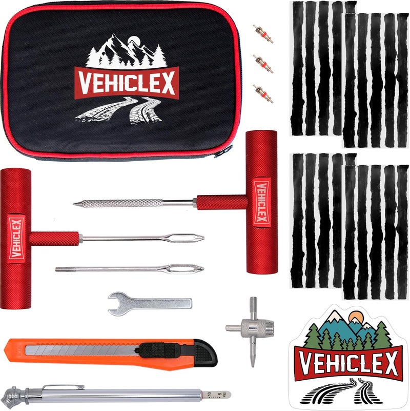 Vehiclex طقم إصلاح الإطارات للتوصيل والترقيع مع أدوات بمقابض من الألمنيوم - طقم طوارئ في حقيبة بسحاب للسيارة، الدراجة النارية، ATV، الجرار، جزازة العشب - Image 1